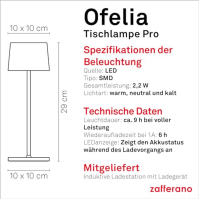 Zafferano, Ofelia lampa, stolní lampa, dobíjecí a bezdrátová s dotykovým ovládáním, také jako venkovní lampa, stmívač 2200-3000 