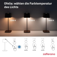 Zafferano, Ofelia lampa, stolní lampa, dobíjecí a bezdrátová s dotykovým ovládáním, také jako venkovní lampa, stmívač 2200-3000 