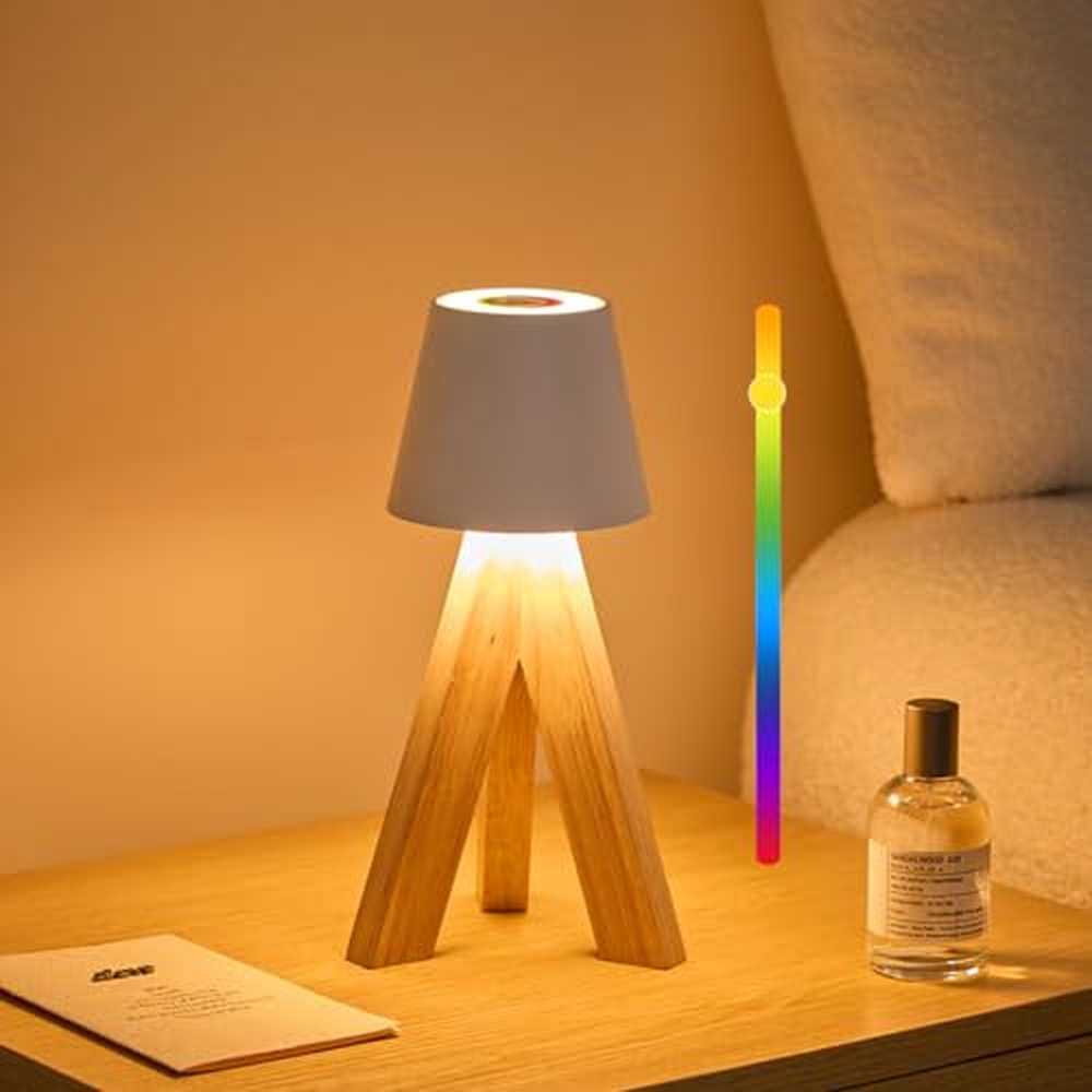 Lalavon Stolní lampa dobíjecí bezdrátová, 10 barev RGB LED stmívatelná dřevěná noční lampa, IP54 vodotěsná stolní lampa na stati