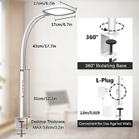 bravzurg LED stolní lampa pro studium, 20W stolní lampa s klipem pro kancelář, maximálně jasná, stmívatelná, velká osvětlovací p