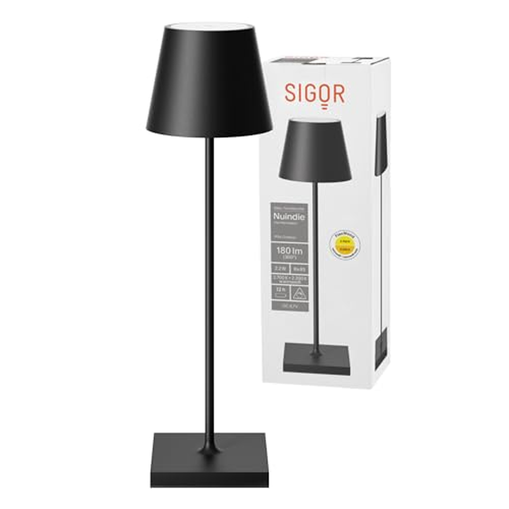 SIGOR Nuindie - stmívatelná LED dobíjecí stolní lampa do interiéru a exteriéru, IP54, odolná proti stříkající vodě, výška 38 cm,