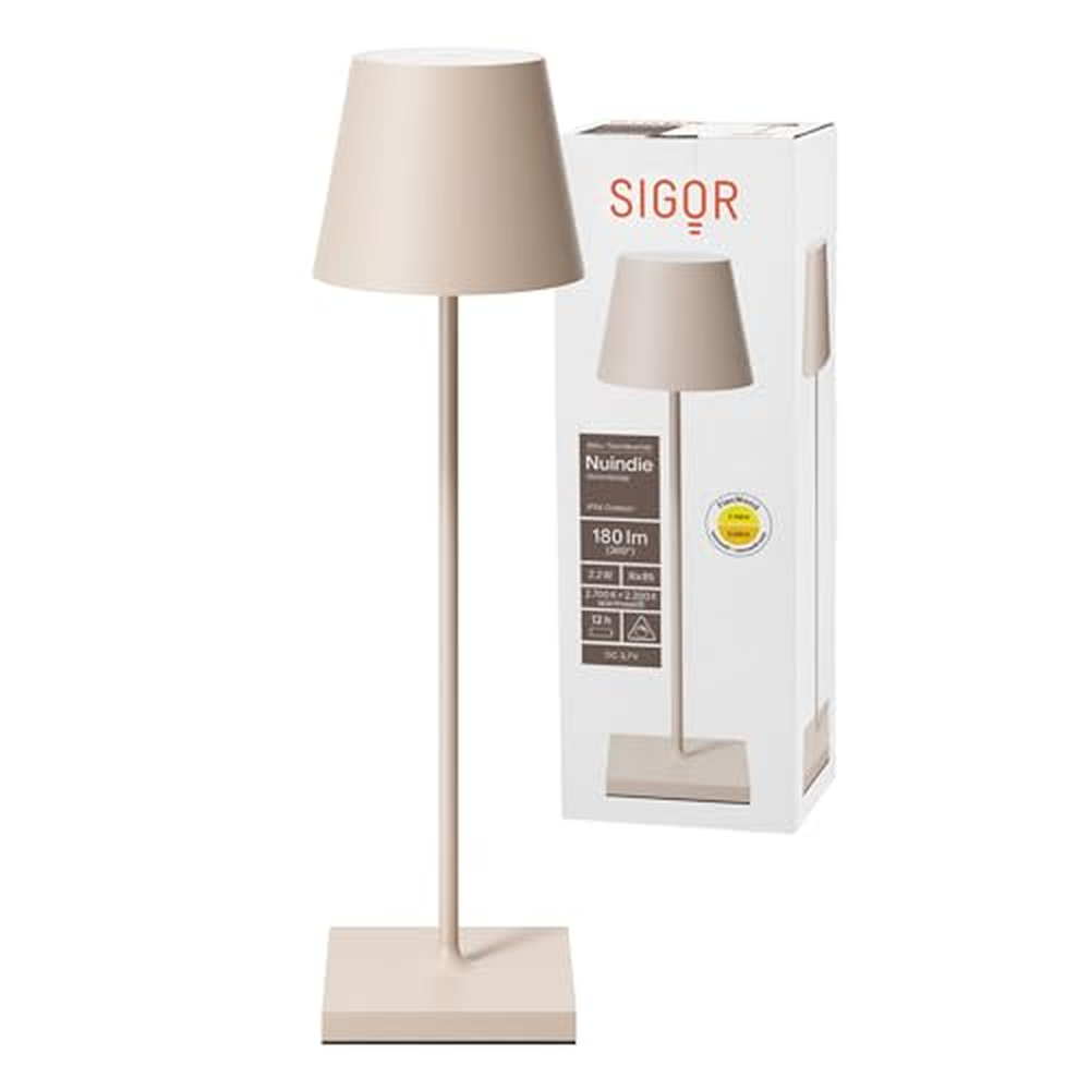 SIGOR Nuindie - stmívatelná LED dobíjecí stolní lampa do interiéru a exteriéru, IP54, odolná proti stříkající vodě, výška 38 cm,