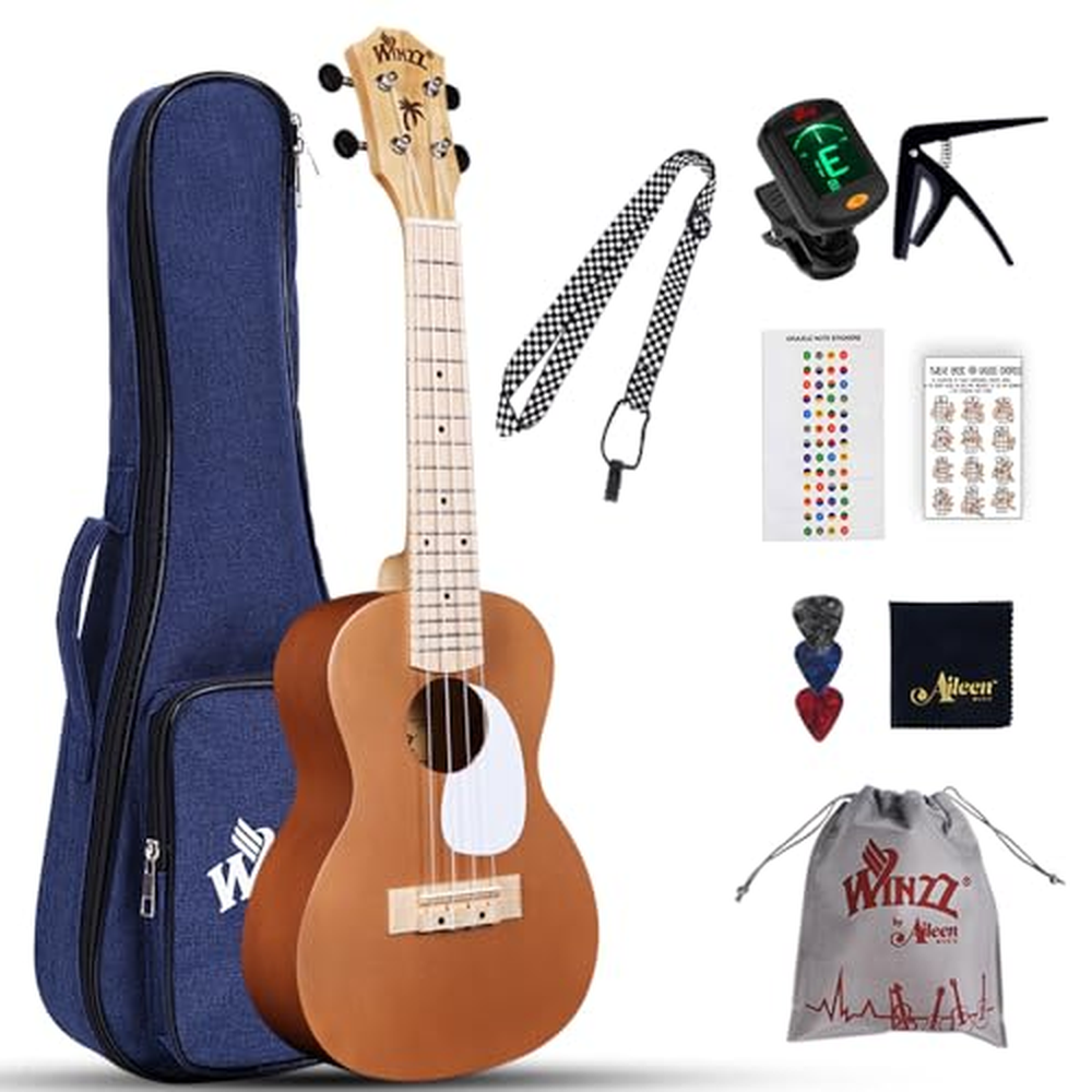 Winzz Ukulele pro začátečníky, koncertní ukulele 23 palců, dětská sada ukulele pro začátečníky s 9 doplňky (barva: hnědá, dřevo)