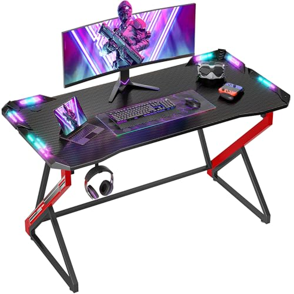 BEXEVUE Gaming Desk LED - 100x60 cm PC Gamer Desk Ergonomický, Z rám s povrchem z uhlíkových vláken Stabilní, snadno sestaviteln