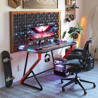 BEXEVUE Gaming Desk LED - 100x60 cm PC Gamer Desk Ergonomický, Z rám s povrchem z uhlíkových vláken Stabilní, snadno sestaviteln