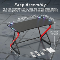 BEXEVUE Gaming Desk LED - 100x60 cm PC Gamer Desk Ergonomický, Z rám s povrchem z uhlíkových vláken Stabilní, snadno sestaviteln