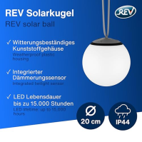 REV LED solární koule pro venkovní zavěšení - √ò 20cm, 20lm, 3000K, IP44 odolná proti stříkající vodě - ideální zahradní dekorac