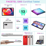 FACETEL Tablet 10" Android 13 Tablet Octa-Core 2.0 GHz, 12GB RAM + 128GB ROM (1TB TF), 5G WiFi, Bluetooth 5.0, 5MP+8MP, HD IPS, 