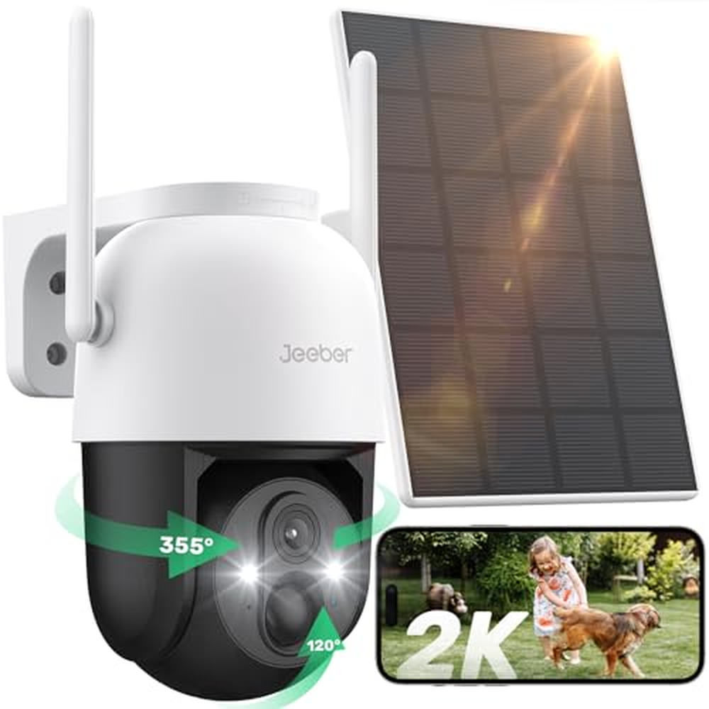 Jeeber WLAN Surveillance Camera Outdoor Battery with Solar Panel, 2K bezdrátová venkovní kamera s 30 m barevným nočním viděním, 