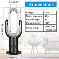 Věžový ventilátor bez rotoru 2 v 1 s chlazením, topením, 66cm sloupový ventilátor s dálkovým ovládáním 13 rychlostí 9H časovačem