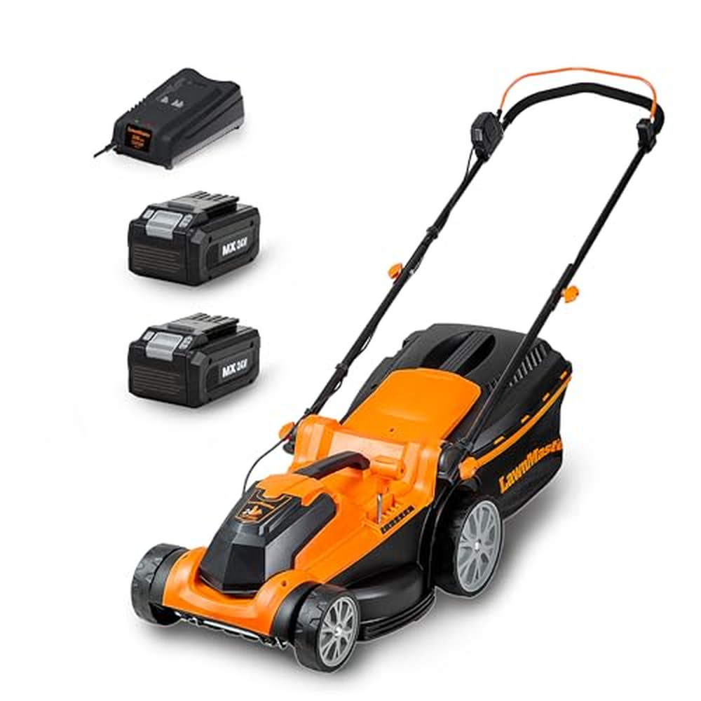 LawnMaster CLMF2437G Akumulátorová sekačka na trávu 24V Max 2x4,0Ah baterie, 37cm 300m² Mulčování 40L, 22-72mm 6-stupňové nastav