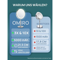 OMIRO Kosmetické zrcátko s osvětlením a zvětšením 3X/10X, 8,5palcové oboustranné otočné kosmetické zrcátko s výškově nastaviteln