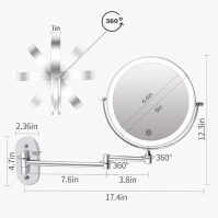 FASCINATE Nabíjecí kosmetické zrcátko s LED osvětlením a zvětšením 1× / 5×, stmívatelné kosmetické zrcátko na stěnu se 3 barevný