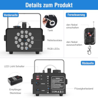 Mlhový stroj, 1200W kouřový stroj s 18 RGB LED diodami pro párty, narozeniny, Halloween, diskotéky, DJ pódiové efekty