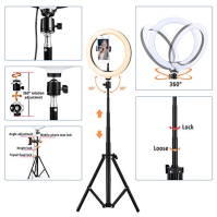 LED Ring Light Tripod 10" LED Ring Light Ring Light se stativem 1,6 m Light Ring 3 barvy 10 jasů Stmívatelné Bluetooth dálkové o