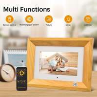 KODAK 7palcový digitální fotorámeček Wood HD IPS Smart Electronic Picture Frame s pamětí 4 GB, slotem pro USB a SD kartu, kalend