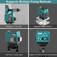 Kiprim 3x360° Zelený laserový nivelátor s automatickým nivelačním nástrojem na vzdálenost 100 stop pro stavební práce