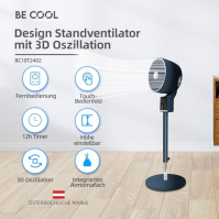 Designový stojanový ventilátor Be Cool 26 cm s 3D oscilací a aroma boxem - 50 W, 3D oscilace, nastavitelná výška: 80-105 cm, 12h