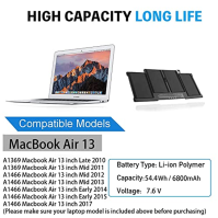 A1405 Kompatibilní baterie pro Mac book Air 13" 7,6 V 7150 mAh 54,4 Wh pro model A1405 020-7379-A, A1496