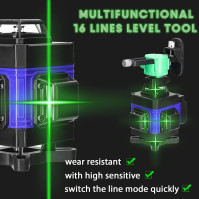 Laserová úroveň KKnoon 4D se 16 laserovými čarami, automaticky se nivelující v horizontálním i vertikálním směru