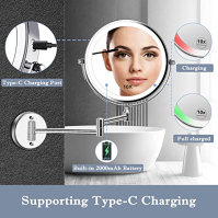 2000mAh dobíjecí nástěnné kosmetické zrcátko se světlem 8palcové 1X/10X zvětšující osvětlené kosmetické zrcátko 3 barevné režimy