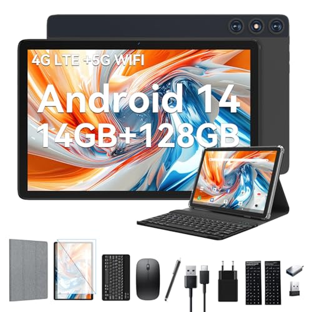 2024 Nejnovější Android 14 Tablet 10 palců,4G LTE Tablety s 2 SIM 1 SD slot,5G Wifi Tablet PC s 14GB+128GB(1TBTF),3 v 1 Tablet s