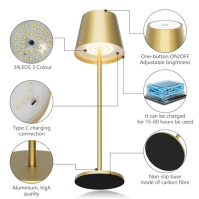 2 balení Aipsun Gold Stolní lampa LED Moderní dobíjecí přenosné stolní světlo 6200mAh Stolní lampa na baterie 3 barevné teploty 