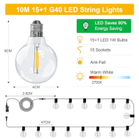 LED pohádkové světlo venkovní napájení, 10M stmívatelné venkovní pohádkové světlo s 15+1 teplými bílými žárovkami G40 plast, IP4