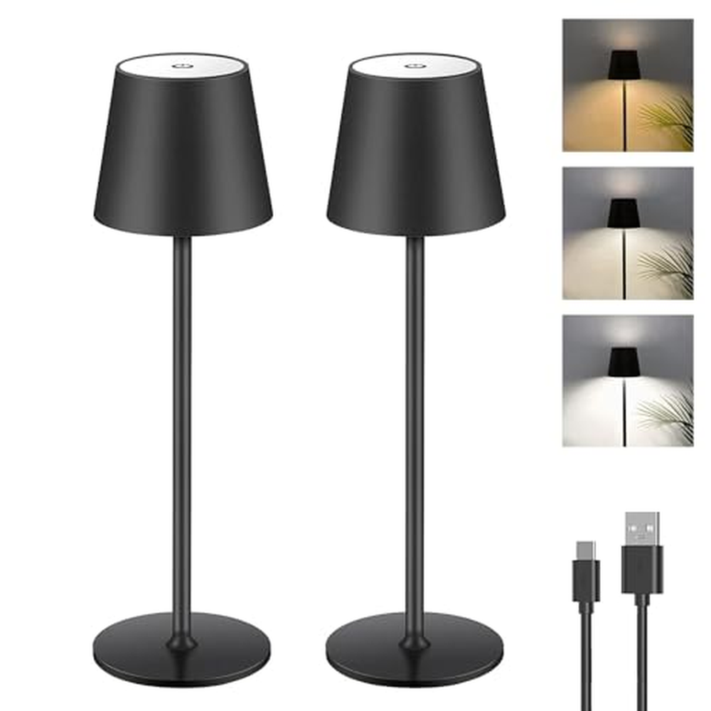 2 kusy Stmívatelná LED dobíjecí stolní lampa, dotyková bezdrátová stolní lampa s USB-C, kovová LED dobíjecí stolní lampa pro ven