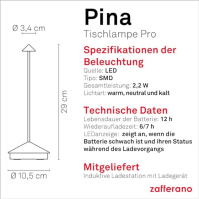 Zafferano, Pina lampa, Bezdrátová, Dobíjecí stolní lampa s dotykovým ovládáním, Vhodná i pro venkovní použití, Stmívač, 2200-300