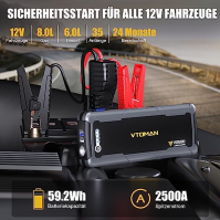 VTOMAN Jump starter 2500 A 12 V (všechny benzinové a až 5,0 L dieselové) startovací powerbanka 20000 mAh super bezpečný přenosný