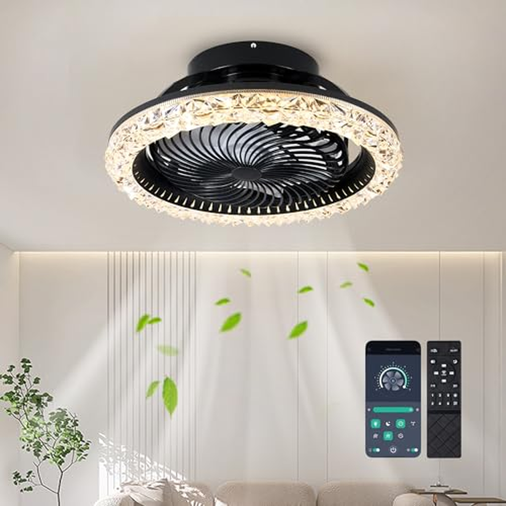 Stropní ventilátor JIINOO s osvětlením, LED křišťálové stropní světlo s ventilátorem, stmívatelné časování, otočný o 360°, 6 ryc