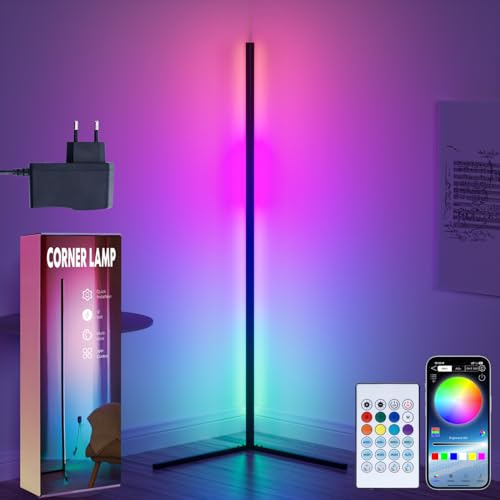 GIACOMO LED stojací lampa do obývacího pokoje s 12V adaptérem, RGB rohová lampa stmívatelná s dálkovým ovládáním a APP, 16 milio