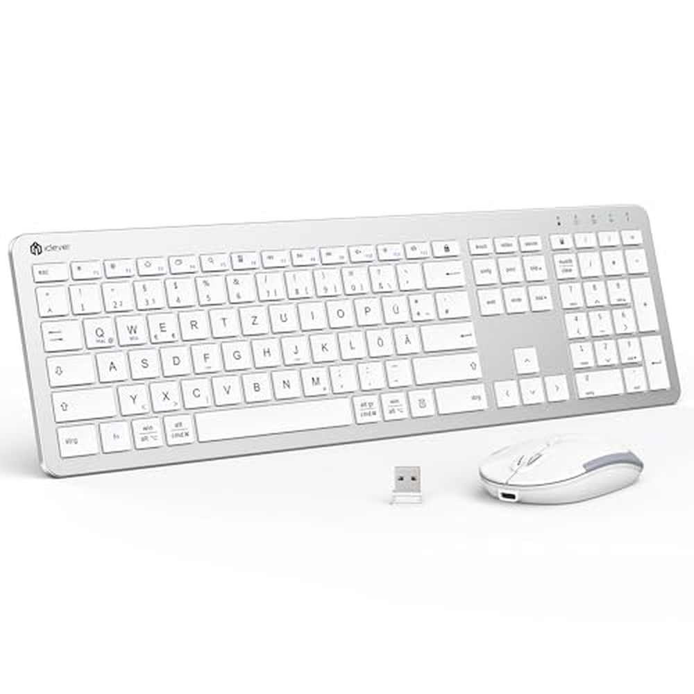 iClever Keyboard Mouse Set Wireless - tichá dobíjecí bezdrátová klávesnice s protiprachovou fólií, německé rozložení QWERTZ pro 