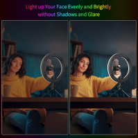 10 Kruhové světlo se stativovým stojanem a držákem na telefon, 15 režimů RGB a 10 úrovní jasu Podlahové/stolní selfie kruhové sv