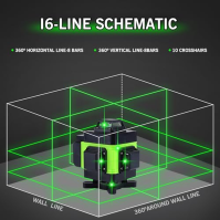 Křížový laser se stativem, 16řádková laserová vodováha IP54 vodováha 360° křížový laser samonivelační +1,5M stativ +2400mAh bate