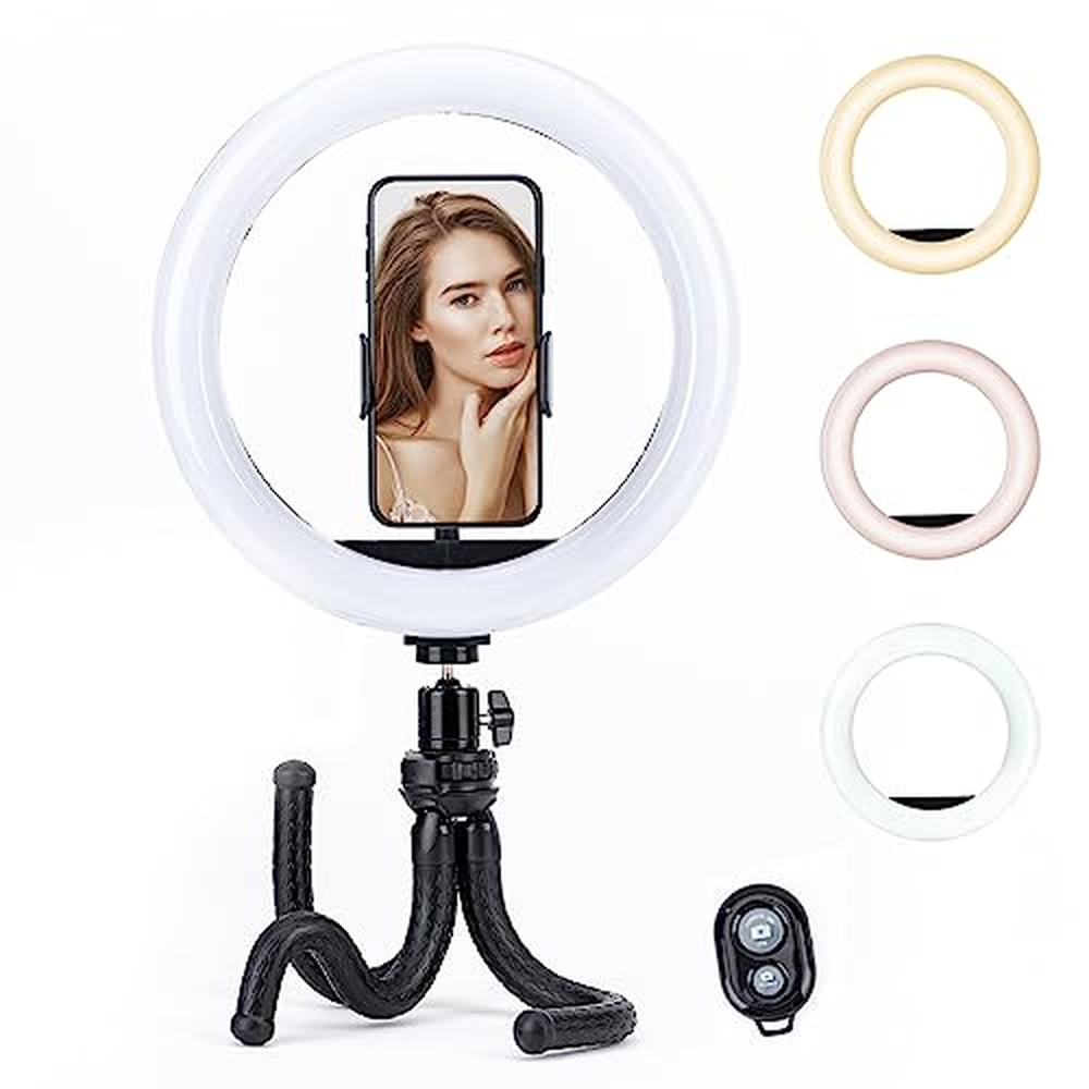 Fotopro Ring Light se stativem, 10palcové LED selfie světlo s držákem telefonu s dálkovým ovládáním Bluetooth, 3 barvy 10 nastav