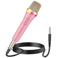 TONOR Dynamický mikrofon pro karaoke, vokální mikrofon RGB XLR pro zpěv, ruční mikrofon s 5m kabelem, růžový superkardioidní mik