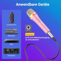 TONOR Dynamický mikrofon pro karaoke, vokální mikrofon RGB XLR pro zpěv, ruční mikrofon s 5m kabelem, růžový superkardioidní mik