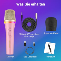 TONOR Dynamický mikrofon pro karaoke, vokální mikrofon RGB XLR pro zpěv, ruční mikrofon s 5m kabelem, růžový superkardioidní mik