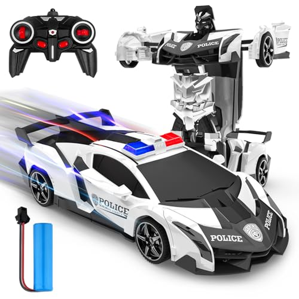 Dálkově ovládané auto, 2 v 1 Transformer Dálkově ovládaný robot Dětské auto 360° rotace RC policejní auto s baterií, Hračky od 3