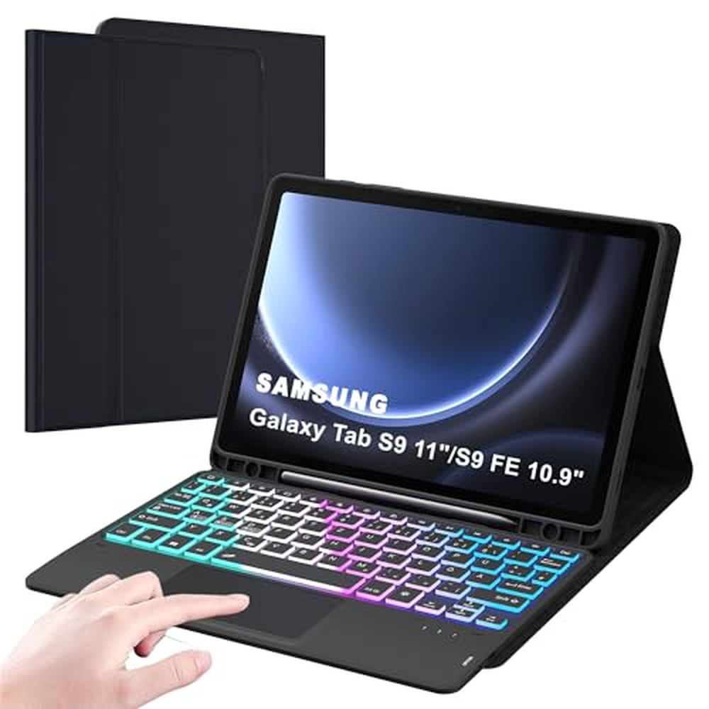 ROOFEI Galaxy Tab S9 FE/S9 kryt s klávesnicí QWERTY : 3-zónové 7barevné DIY podsvícení, inteligentní touchpad, odnímatelný kryt 