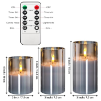 Rikiss LED svíčky bez plamene ve skle, šedé blikající svíčky, sloupek 7 x10/12/15 CM na baterie, svíčky s dálkovým ovládáním a f