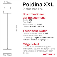 Zafferano, Poldina XXL Lamp, bezdrátová, dobíjecí stojací lampa s dotykovým ovládáním, vhodná do obývacího pokoje i ven, stmívač