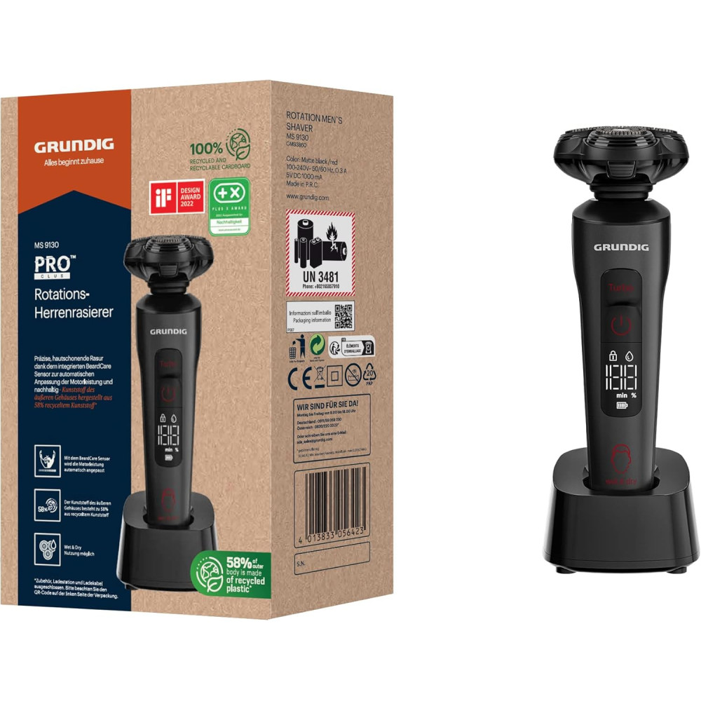 Grundig ProClub MS 9130 pánský holicí strojek, senzor BeardCare, plastové vnější pouzdro z 61 % recyklovaného plastu, titanové b