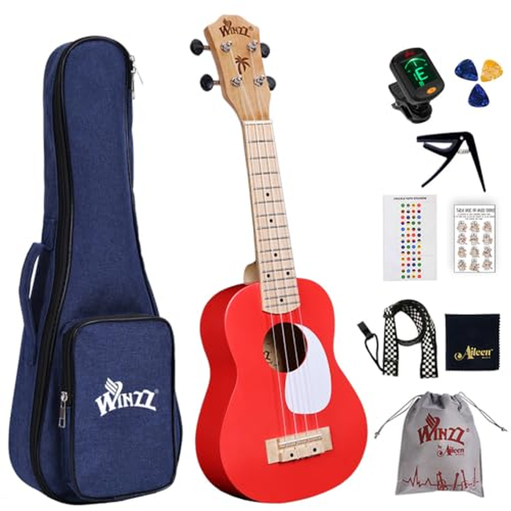 Winzz Dětské ukulele, sada sopránové ukulele pro začátečníky, dětské ukulele s 9 doplňky, 21palcové ukulele, červená barva