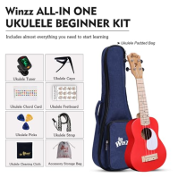 Winzz Dětské ukulele, sada sopránové ukulele pro začátečníky, dětské ukulele s 9 doplňky, 21palcové ukulele, červená barva