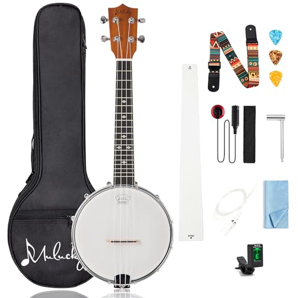 Mulucky Banjolele 4 struny Banjo Ukulele koncertní velikost 23 palců, uzavřený masivní dřevěný hřbet, sada pro začátečníky s pří