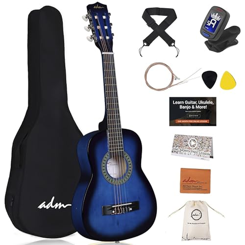 ADM 1/4 Kids Classical Guitar Kit, juniorská kytarová sada pro začínající hráče s taškou, klipovou ladičkou, popruhem, trsátky, 