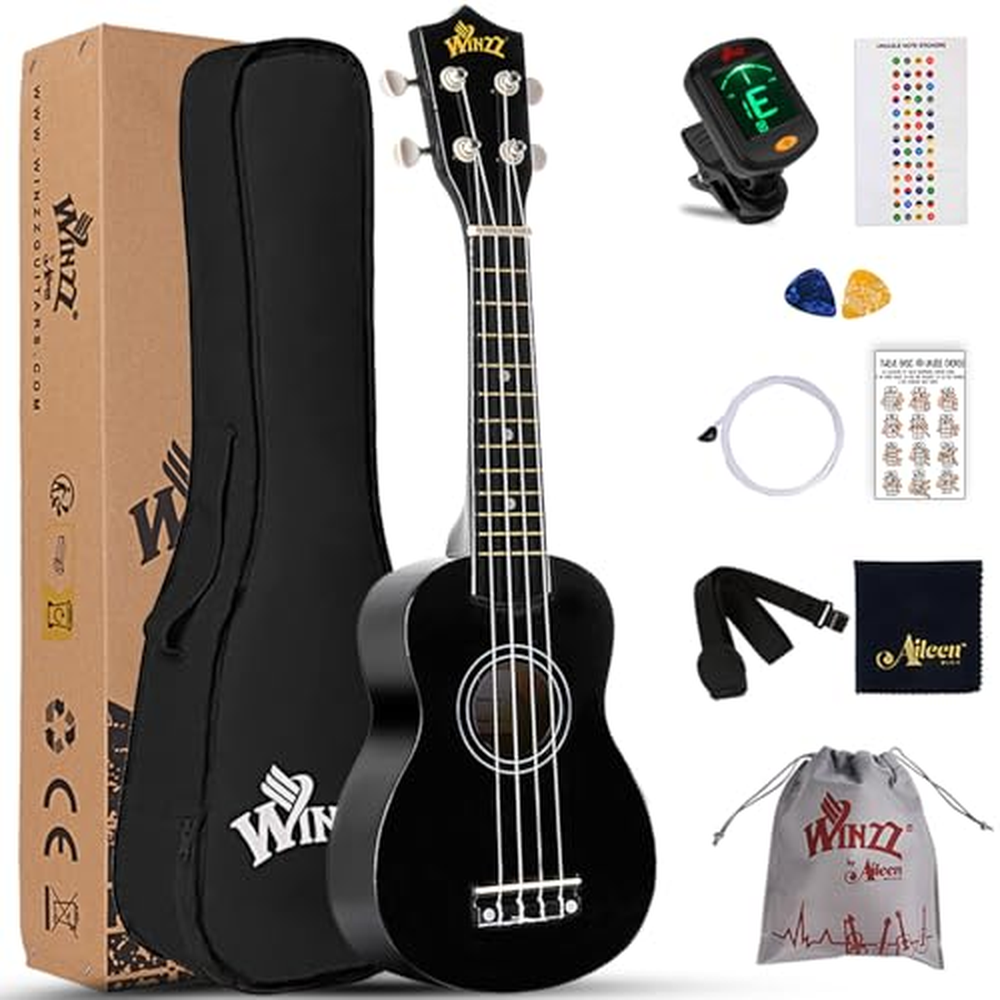 Startovací sada pro sopránové ukulele Winzz pro začátečníky s taškou, klipovou ladičkou, náhradními strunami, řemínkem, bubínkem